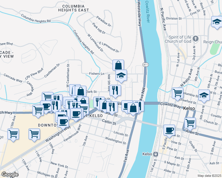 map of restaurants, bars, coffee shops, grocery stores, and more near 407 Long Avenue in Kelso