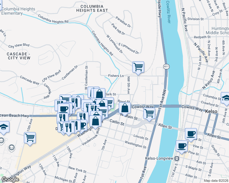 map of restaurants, bars, coffee shops, grocery stores, and more near 705 Clark St in Kelso