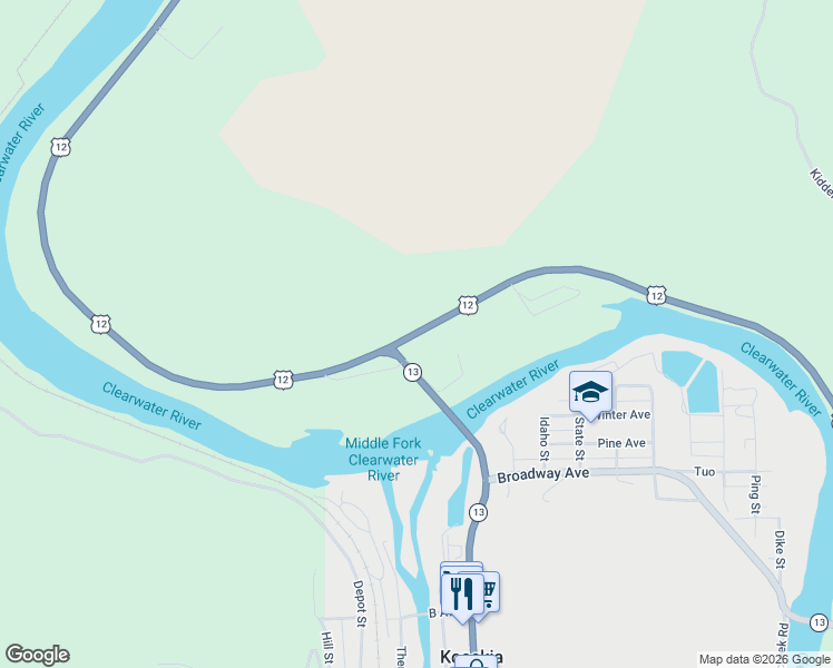 map of restaurants, bars, coffee shops, grocery stores, and more near U.S. 12 in Kooskia