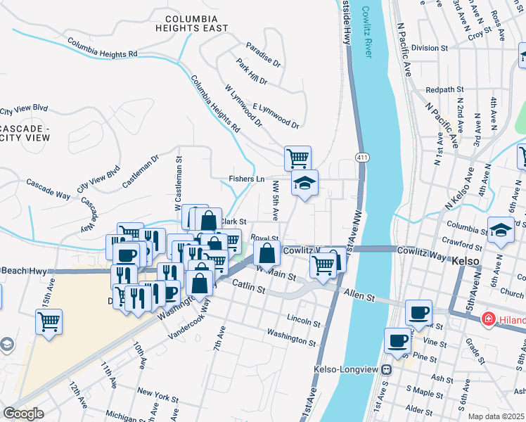 map of restaurants, bars, coffee shops, grocery stores, and more near 403 Northwest 5th Avenue in Kelso