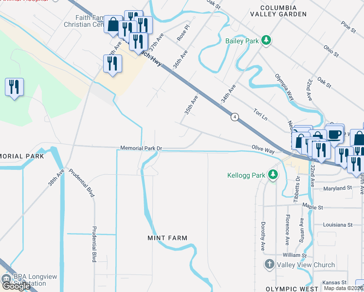 map of restaurants, bars, coffee shops, grocery stores, and more near 3430 Memorial Park Drive in Longview