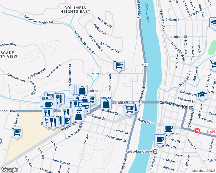 map of restaurants, bars, coffee shops, grocery stores, and more near 403 Northwest 5th Avenue in Kelso