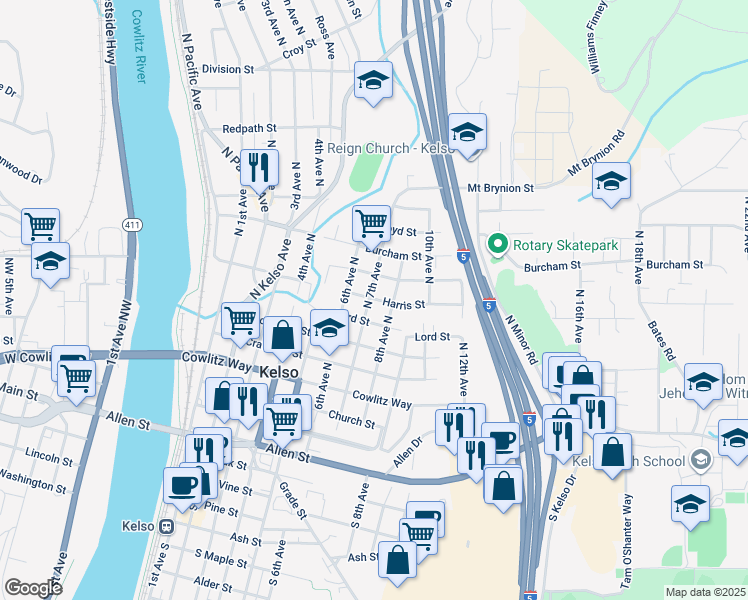 map of restaurants, bars, coffee shops, grocery stores, and more near 798 North 7th Avenue in Kelso