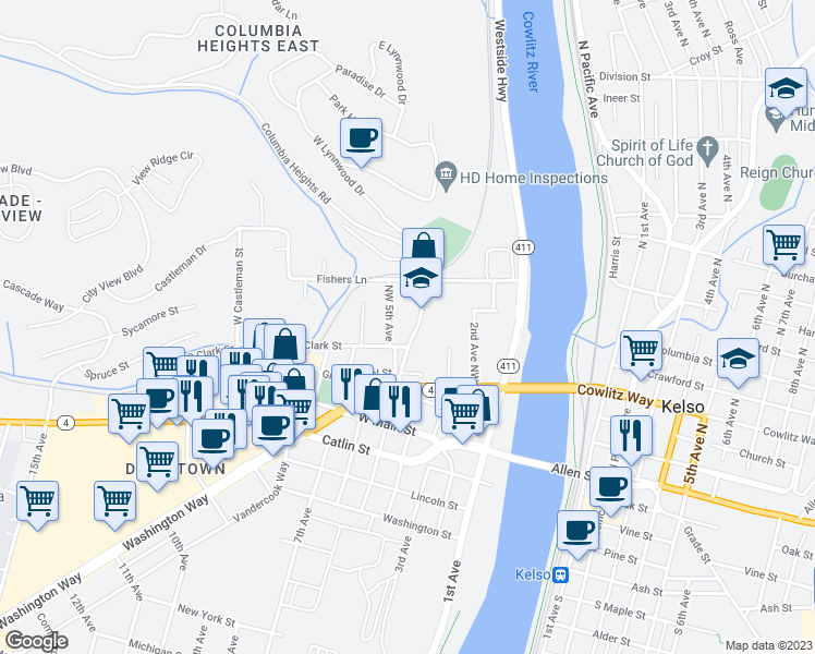 map of restaurants, bars, coffee shops, grocery stores, and more near 407 Long Avenue in Kelso