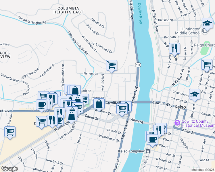 map of restaurants, bars, coffee shops, grocery stores, and more near 407 Long Avenue in Kelso