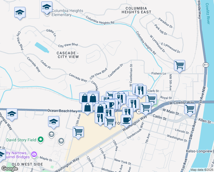 map of restaurants, bars, coffee shops, grocery stores, and more near 1240 Sycamore Street in Longview