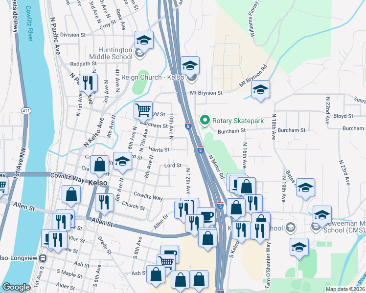 map of restaurants, bars, coffee shops, grocery stores, and more near 1009 Harris Street in Kelso