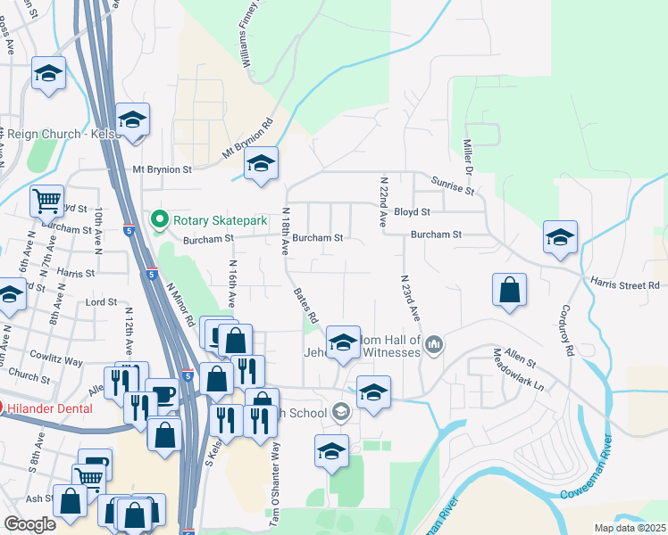 map of restaurants, bars, coffee shops, grocery stores, and more near 1817 Harris Street in Kelso
