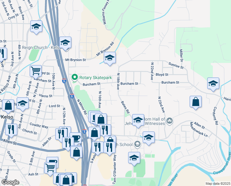 map of restaurants, bars, coffee shops, grocery stores, and more near 801 N 18th Ave in Kelso