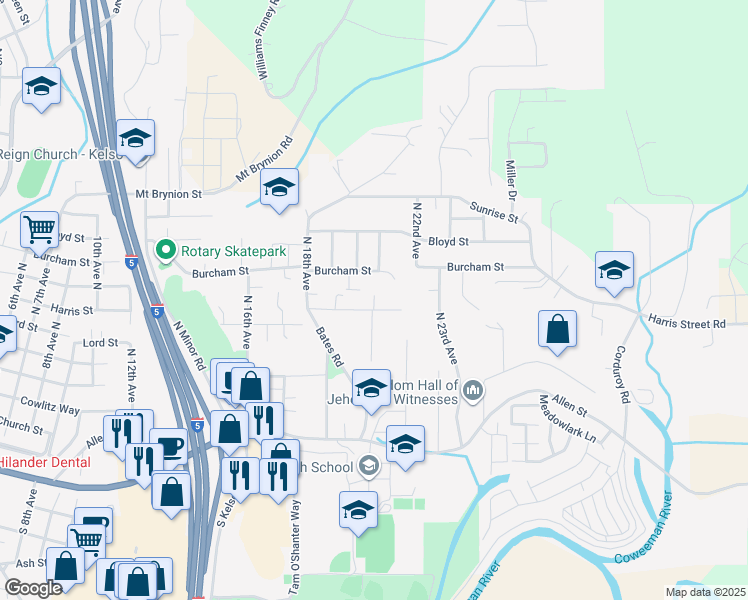 map of restaurants, bars, coffee shops, grocery stores, and more near 1817 Harris Street in Kelso