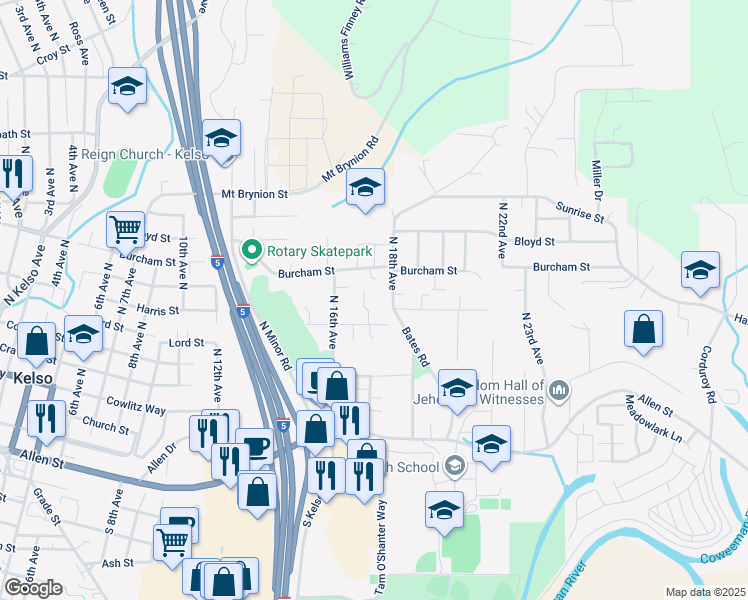 map of restaurants, bars, coffee shops, grocery stores, and more near 801 North 18th Avenue in Kelso