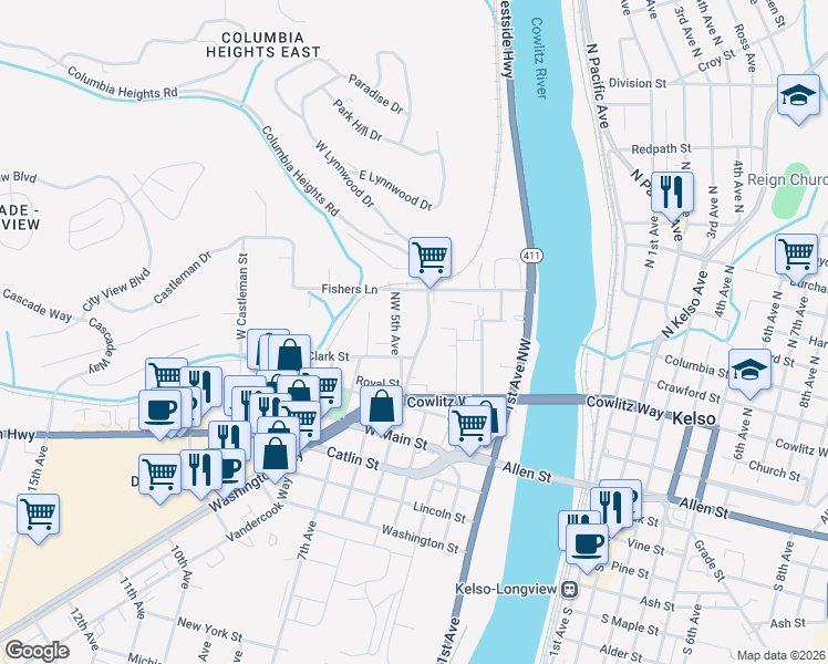 map of restaurants, bars, coffee shops, grocery stores, and more near 407 Long Avenue in Kelso
