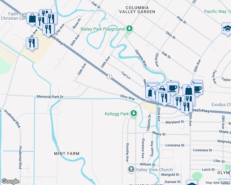 map of restaurants, bars, coffee shops, grocery stores, and more near 3330 Olive Way in Longview
