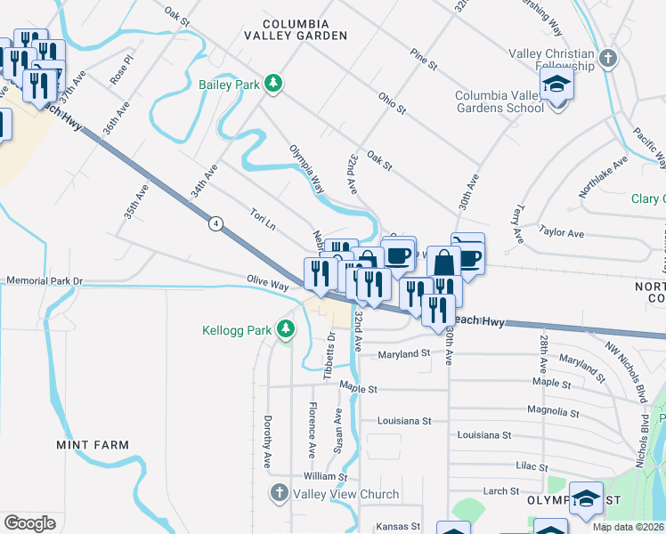 map of restaurants, bars, coffee shops, grocery stores, and more near 3245 Nebraska Street in Longview