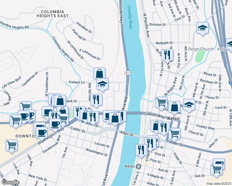 map of restaurants, bars, coffee shops, grocery stores, and more near 336 2nd Avenue Northwest in Kelso