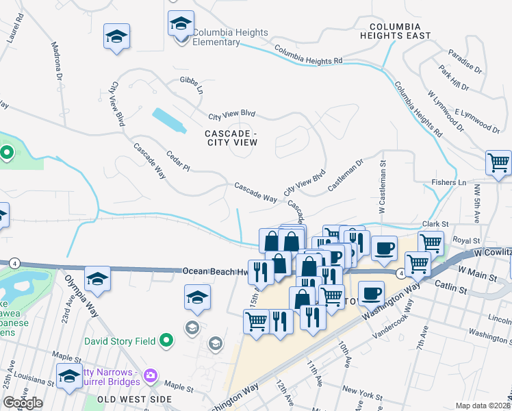 map of restaurants, bars, coffee shops, grocery stores, and more near 2120 Willow Place in Longview