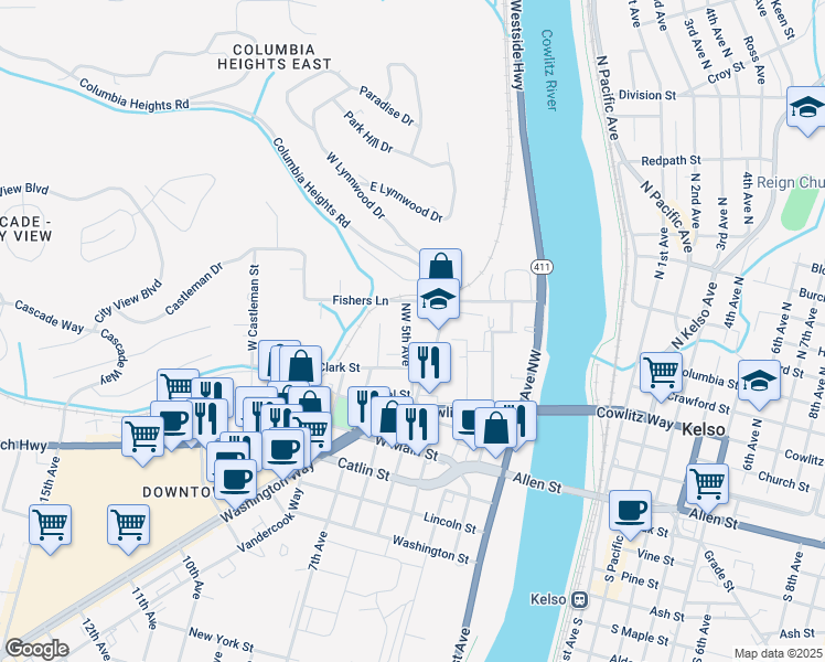 map of restaurants, bars, coffee shops, grocery stores, and more near 412 Northwest 5th Avenue in Kelso