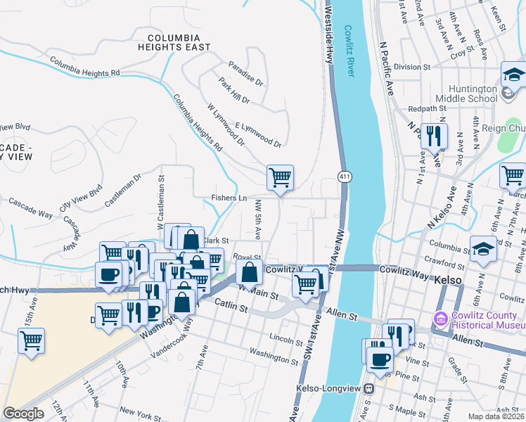 map of restaurants, bars, coffee shops, grocery stores, and more near 416 Northwest 5th Avenue in Kelso