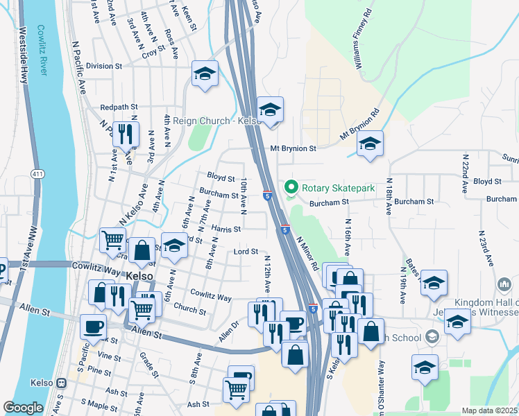 map of restaurants, bars, coffee shops, grocery stores, and more near 1009 Harris Street in Kelso