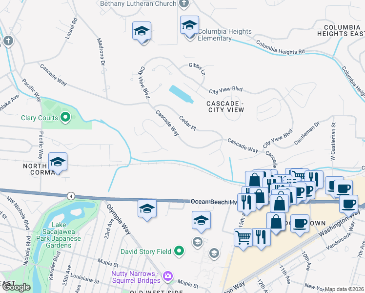 map of restaurants, bars, coffee shops, grocery stores, and more near 2241 Cascade Way in Longview