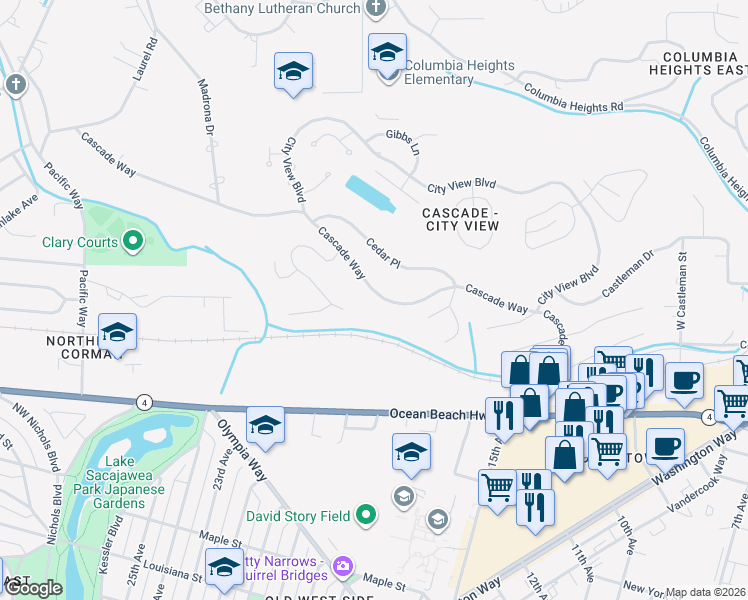map of restaurants, bars, coffee shops, grocery stores, and more near 2241 Cascade Way in Longview