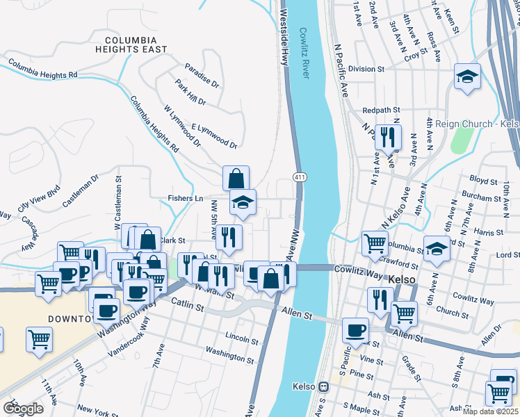 map of restaurants, bars, coffee shops, grocery stores, and more near 251 Fishers Lane in Kelso