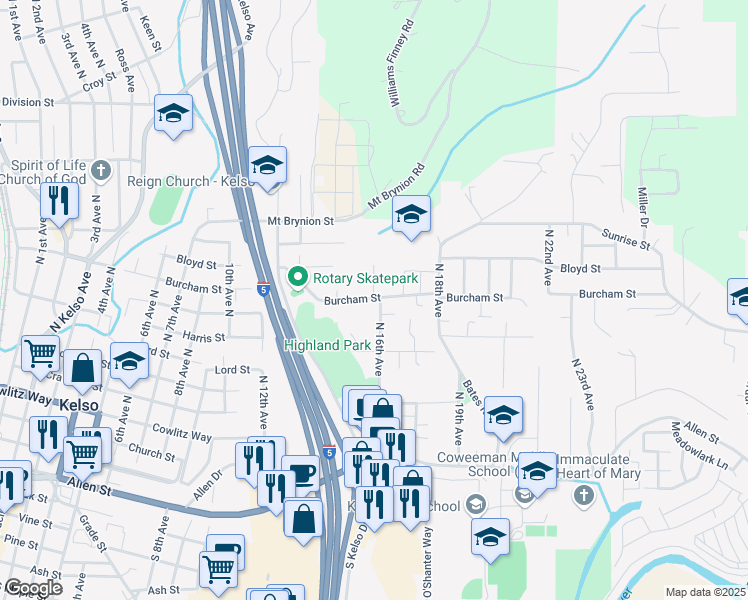 map of restaurants, bars, coffee shops, grocery stores, and more near 917 North 16th Avenue in Kelso