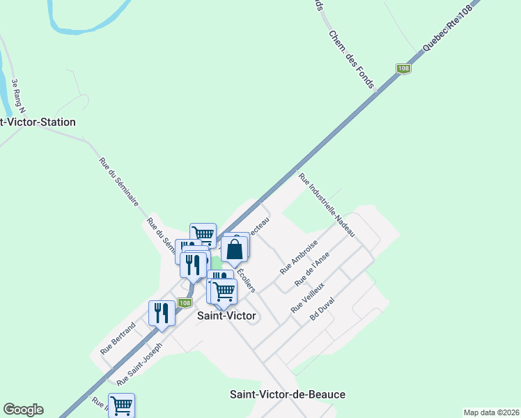 map of restaurants, bars, coffee shops, grocery stores, and more near 100 Rue Fecteau in Saint-Victor