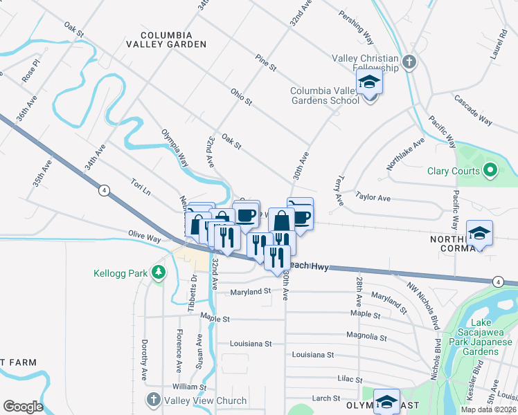 map of restaurants, bars, coffee shops, grocery stores, and more near 3070 Olympia Way in Longview
