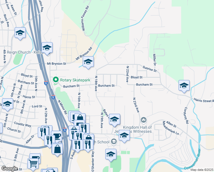 map of restaurants, bars, coffee shops, grocery stores, and more near 1906 Burcham Street in Kelso