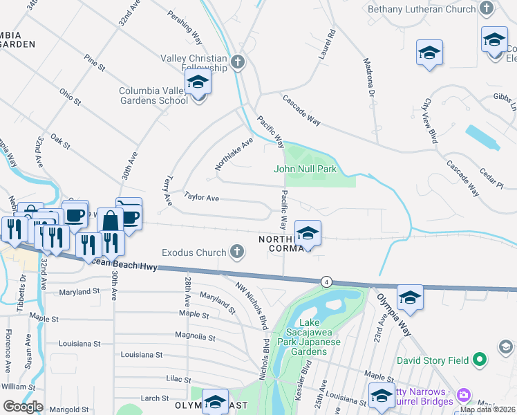map of restaurants, bars, coffee shops, grocery stores, and more near 2536 Taylor Avenue in Longview