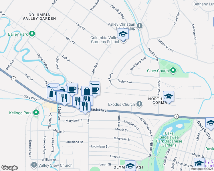 map of restaurants, bars, coffee shops, grocery stores, and more near 8 Terry Court in Longview
