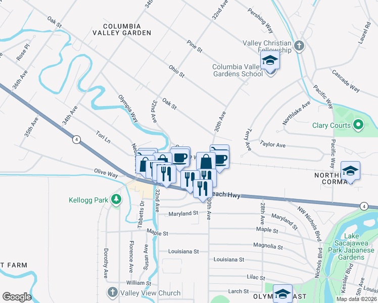 map of restaurants, bars, coffee shops, grocery stores, and more near 3070 Olympia Way in Longview