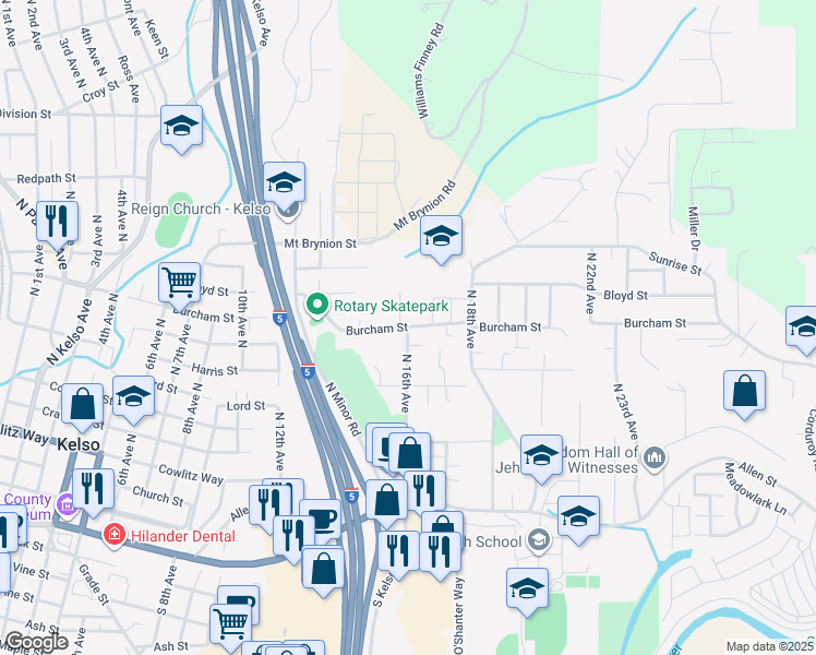 map of restaurants, bars, coffee shops, grocery stores, and more near 1605 Burcham Street in Kelso