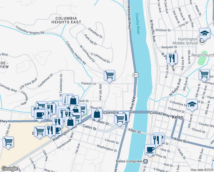 map of restaurants, bars, coffee shops, grocery stores, and more near 2301 Columbia Heights Road in Longview