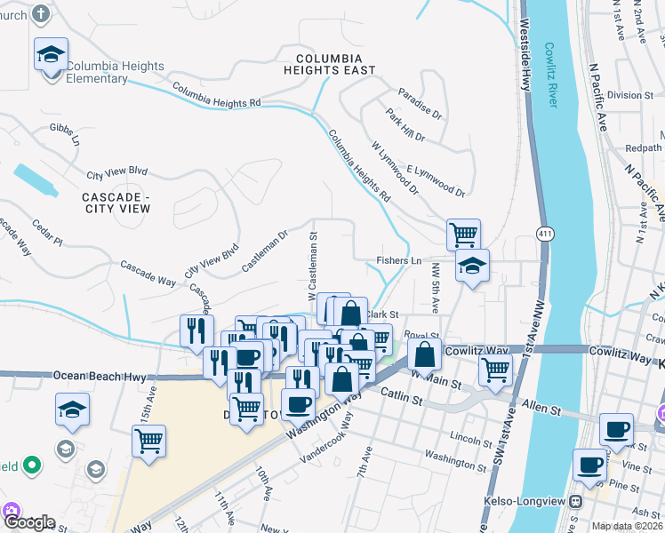 map of restaurants, bars, coffee shops, grocery stores, and more near 2322 West Castleman Street in Longview