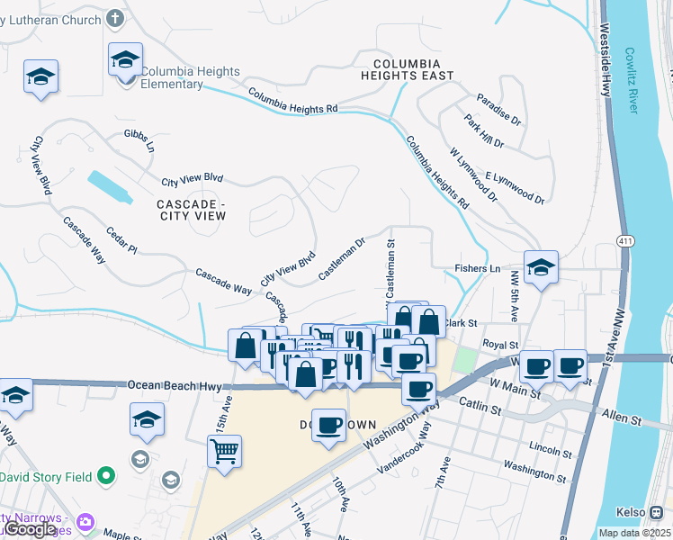 map of restaurants, bars, coffee shops, grocery stores, and more near 1221 Castleman Drive in Longview