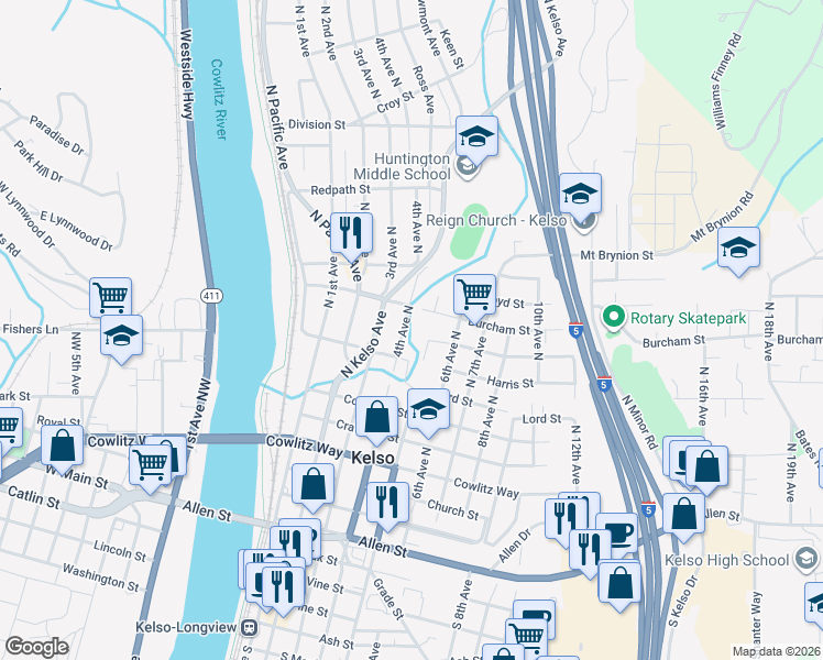 map of restaurants, bars, coffee shops, grocery stores, and more near 814 4th Avenue North in Kelso