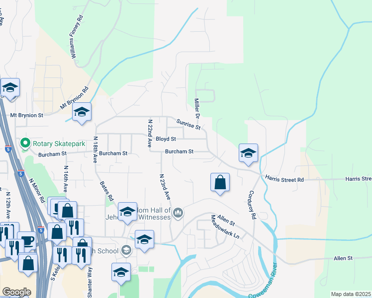 map of restaurants, bars, coffee shops, grocery stores, and more near 2407 Burcham Street in Kelso