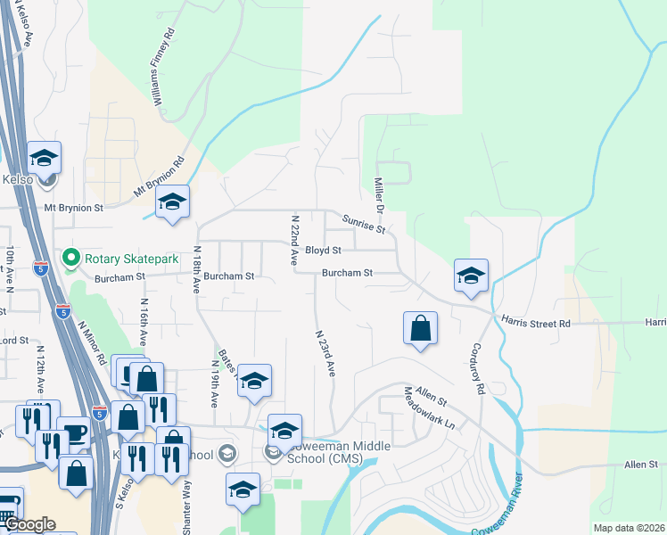 map of restaurants, bars, coffee shops, grocery stores, and more near 2305 Burcham Street in Kelso