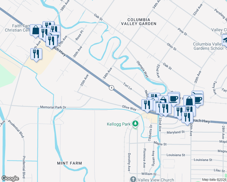 map of restaurants, bars, coffee shops, grocery stores, and more near 3355 Washington 4 in Longview