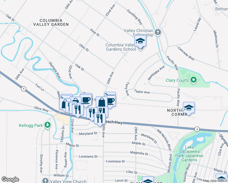 map of restaurants, bars, coffee shops, grocery stores, and more near 2941 Premiere Place in Longview