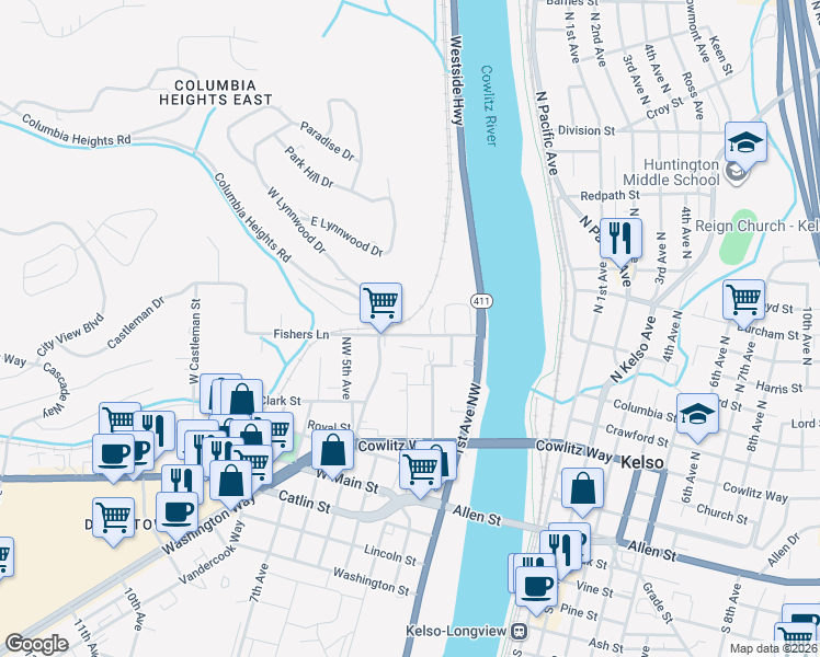 map of restaurants, bars, coffee shops, grocery stores, and more near 251 Fishers Lane in Kelso