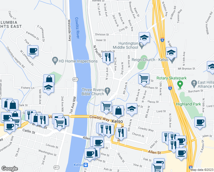 map of restaurants, bars, coffee shops, grocery stores, and more near 806 North 1st Avenue in Kelso