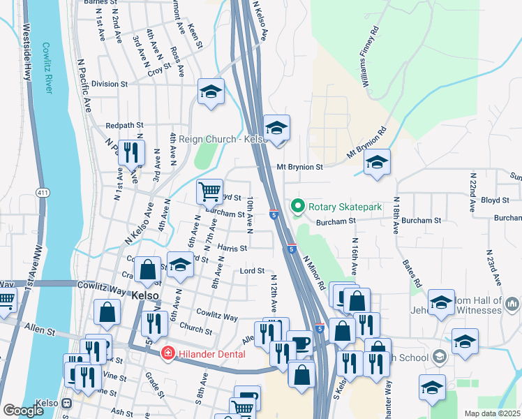 map of restaurants, bars, coffee shops, grocery stores, and more near 1005 Burcham Street in Kelso