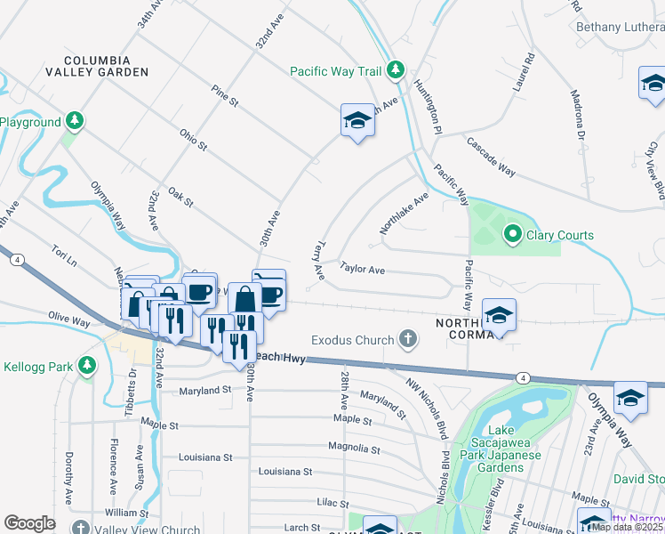 map of restaurants, bars, coffee shops, grocery stores, and more near 2635 Taylor Avenue in Longview