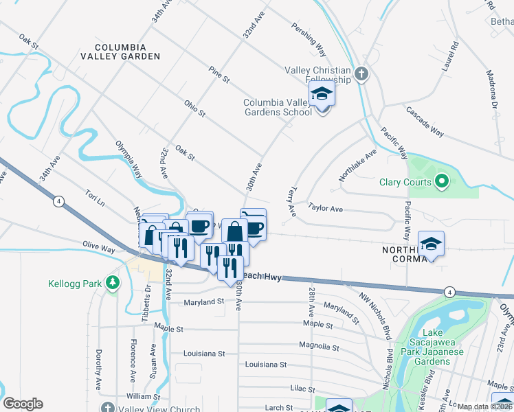 map of restaurants, bars, coffee shops, grocery stores, and more near 2941 Premiere Place in Longview