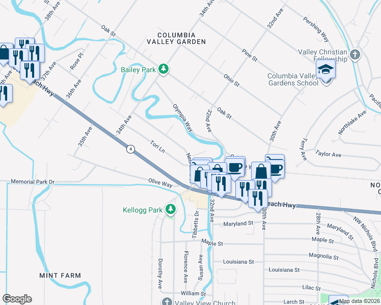 map of restaurants, bars, coffee shops, grocery stores, and more near 3280 Nebraska Street in Longview