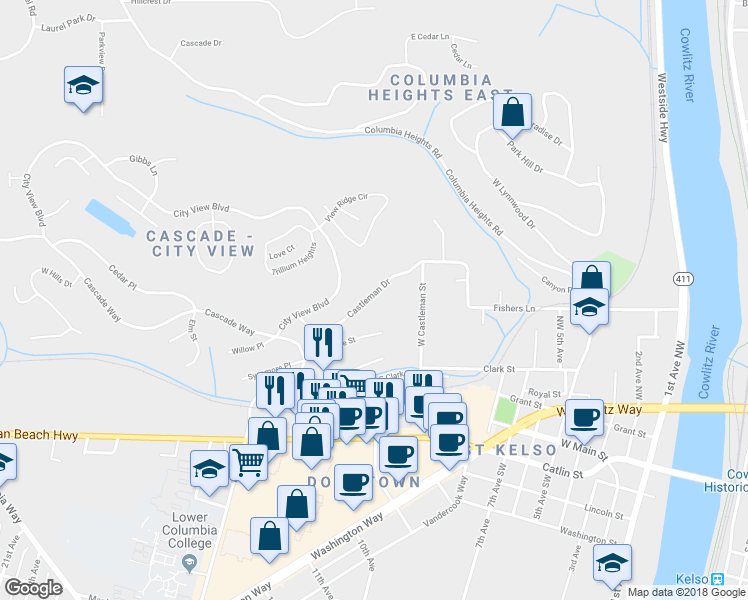 map of restaurants, bars, coffee shops, grocery stores, and more near 1221 Castleman Drive in Longview