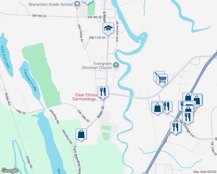 map of restaurants, bars, coffee shops, grocery stores, and more near 86 Southeast 15th Street in Warrenton